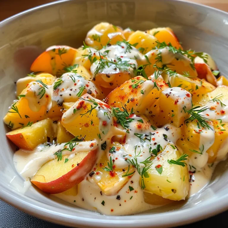 Nahaufnahme eines leichten Kartoffelsalats mit Joghurt, dekorativ angerichtet.
