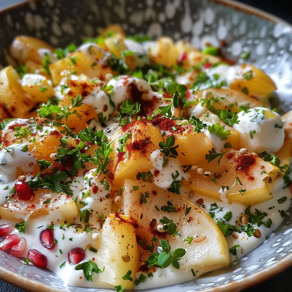 Seitenansicht eines bunter Kartoffelsalat mit Joghurt und frischen Zutaten.