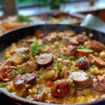 Saftige Hähnchenschenkel in einem Topf mit Reis und Gewürzen.