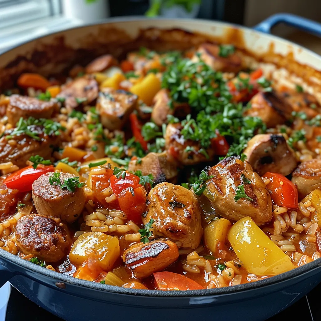 Nahaufnahme eines One-Pot-Hähnchengerichts mit braunem Reis und Kräutern.