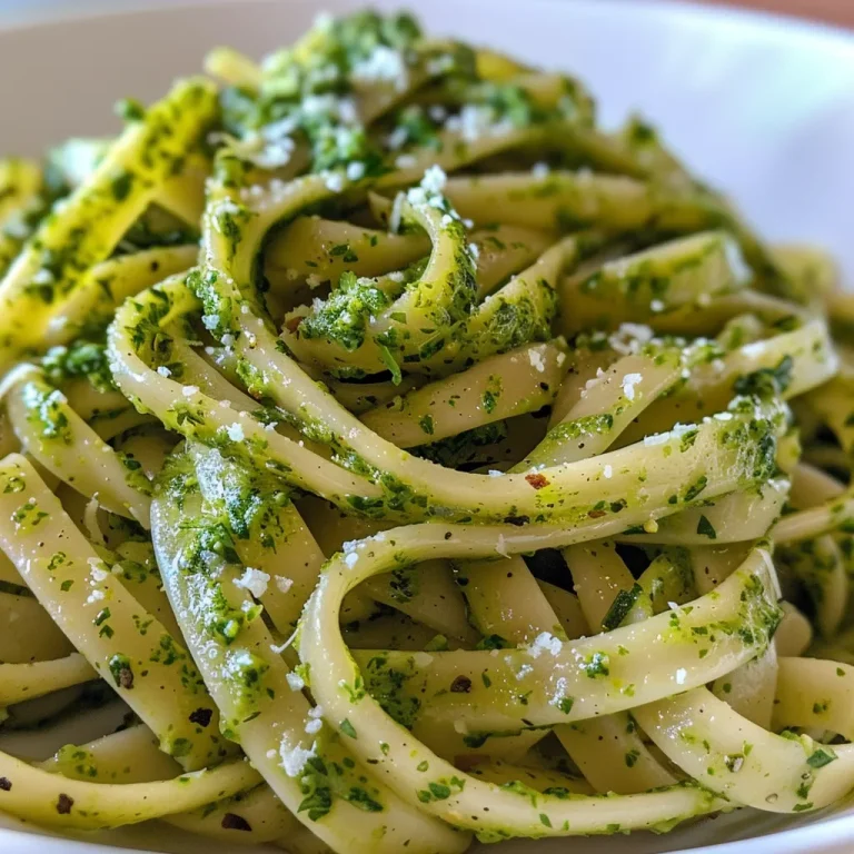Nahaufnahme von Pasta mit Erbsen und Pesto, serviert in einer weißen Schüssel.