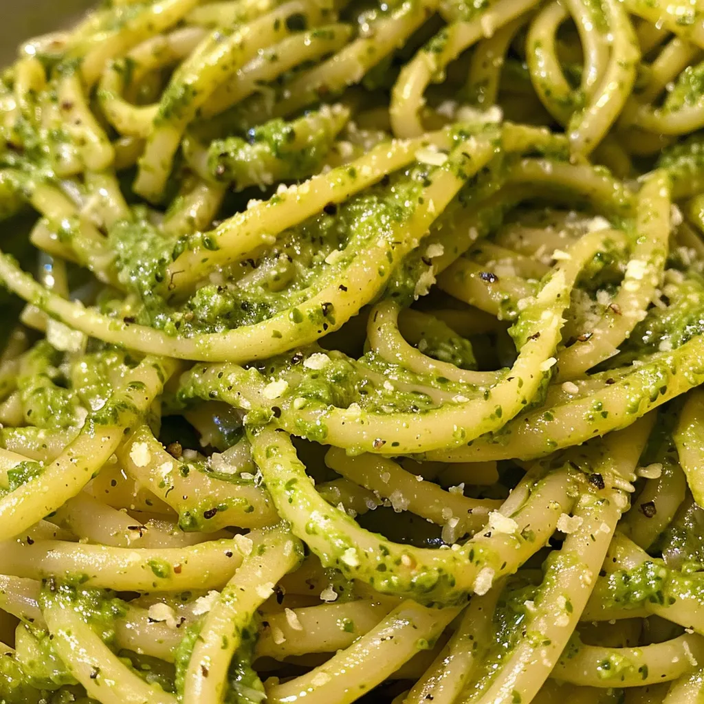 Seiteansicht von frischer Pasta mit grünem Pesto und Erbsen, dekoriert mit Basilikumblättern.