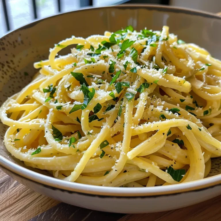 Nahaufnahme von Pasta in Zitronen-Sahne-Soße mit frischen Kräutern.