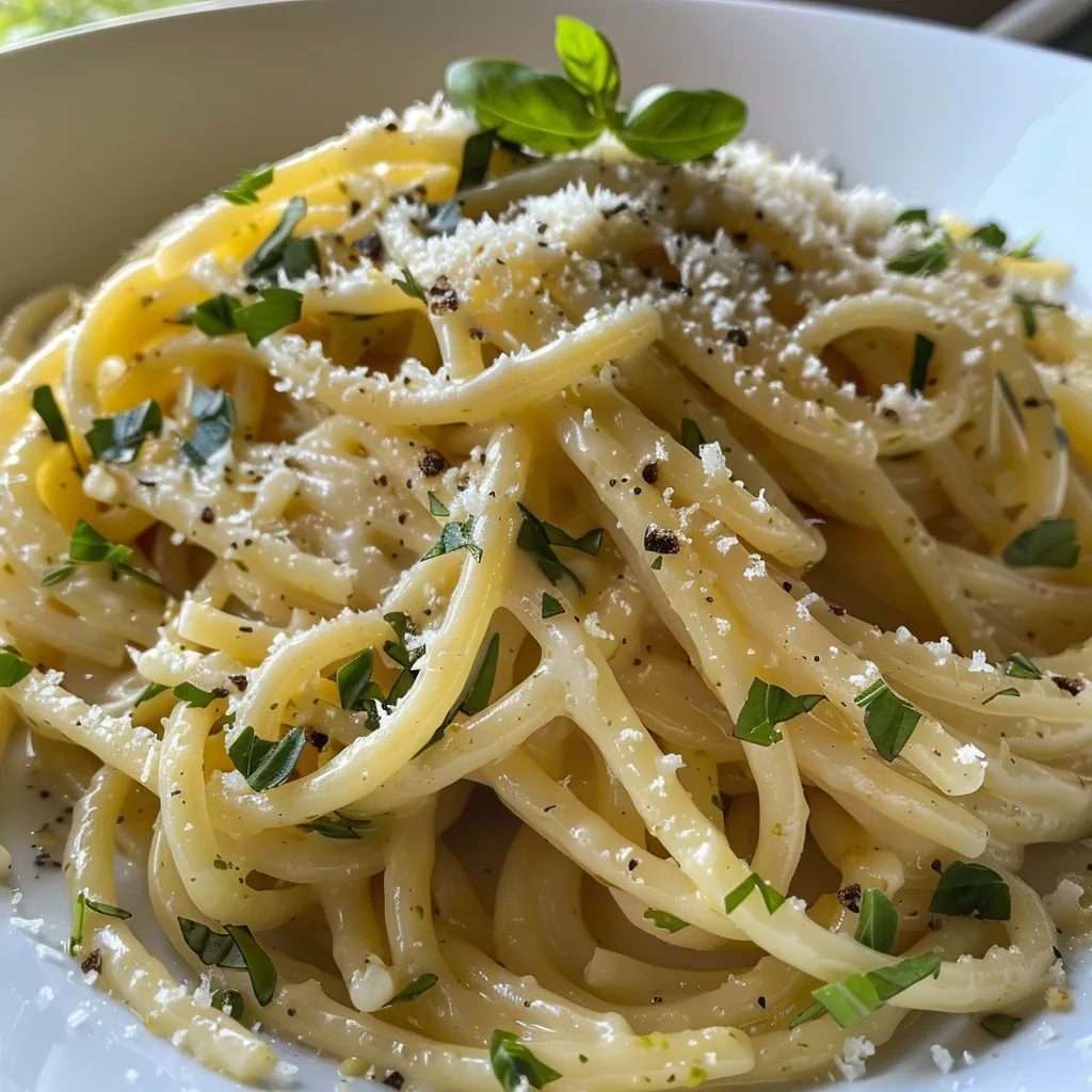 Pasta mit cremiger Zitronen-Sahne-Soße und geriebenem Parmesan.