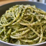 Nahaufnahme von Pasta mit Spargel-Pesto, garniert mit frischem Basilikum.
