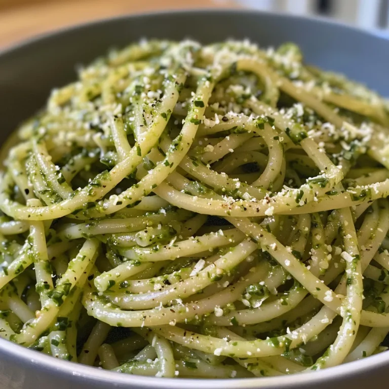 Nahaufnahme von Pasta mit Spargel-Pesto, garniert mit frischem Basilikum.