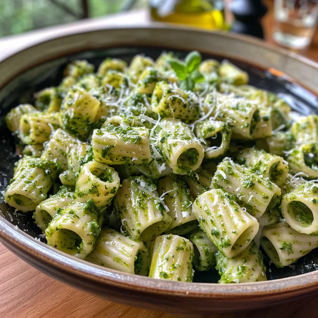 Seiteansicht einer Portion Pasta mit grünem Spargel und Pesto, serviert in einer weißen Schüssel.