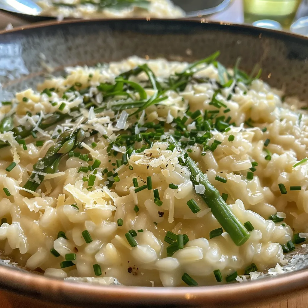 Seiteansicht eines Tellers mit Risotto und frischen Spargelstücken.