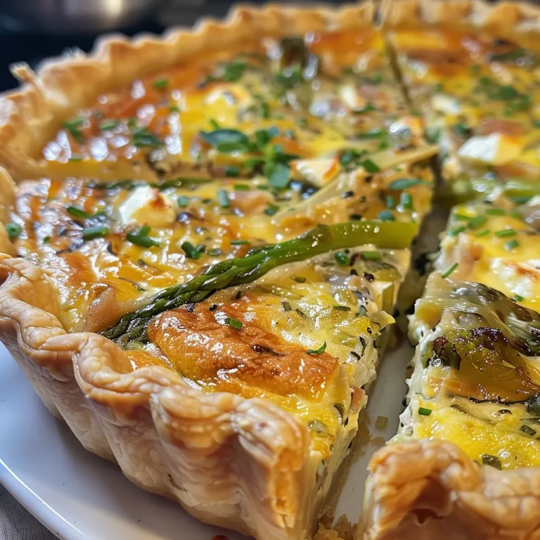 Nahaufnahme einer leckeren Spargel-Quiche mit Feta und Frühlingszwiebeln.