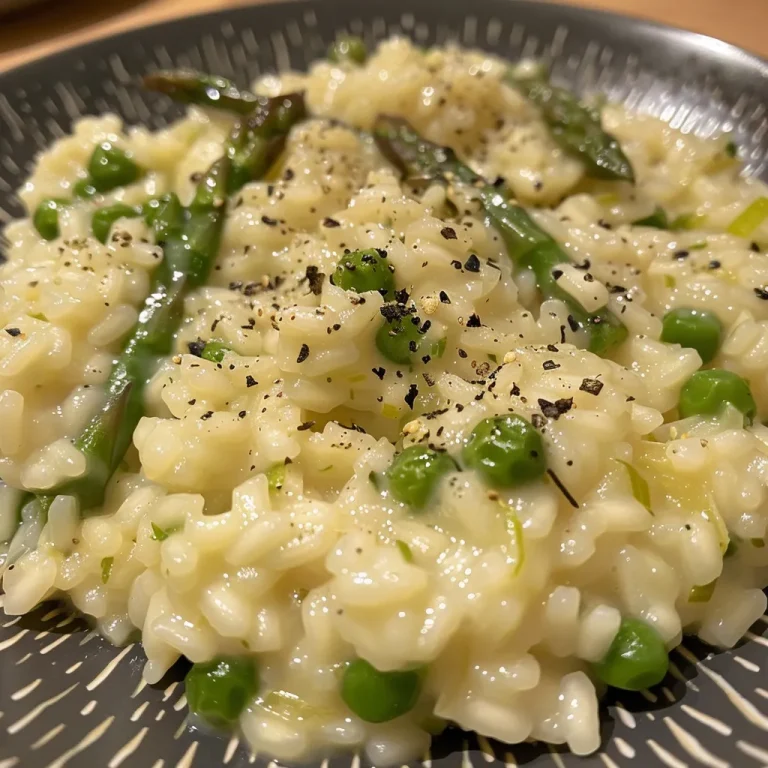 Cremiges Spargelrisotto mit weißem und grünem Spargel auf einem Teller.