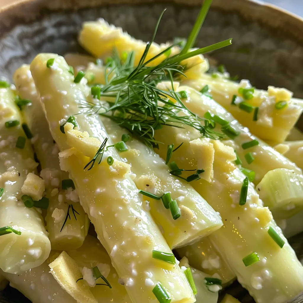 Seitenansicht eines Spargelsalats mit Eiern, dekorativ angerichtet.