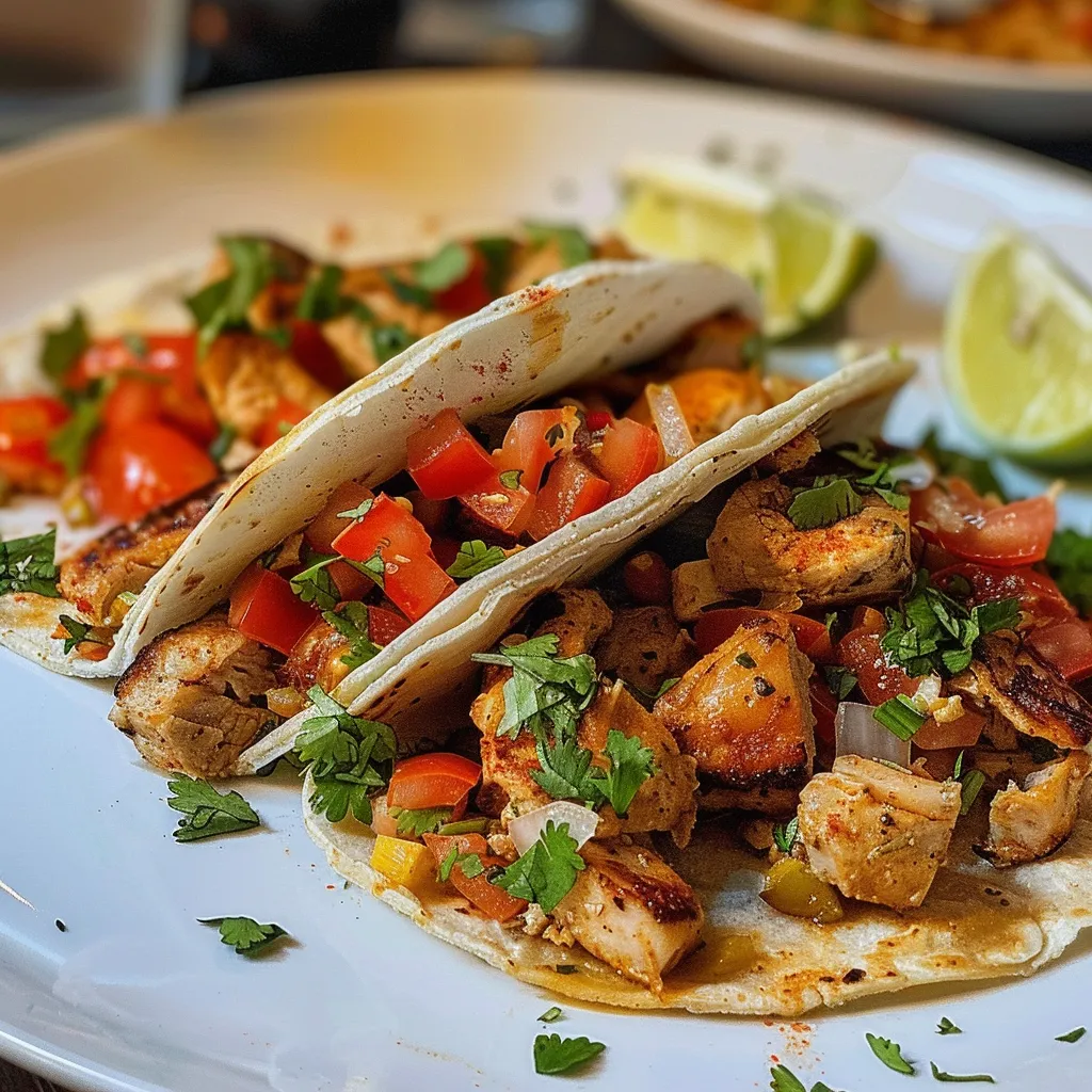 Seiteansicht einer leckeren Taco-Pfanne, angerichtet mit Hühnerbrust und buntem Gemüse.