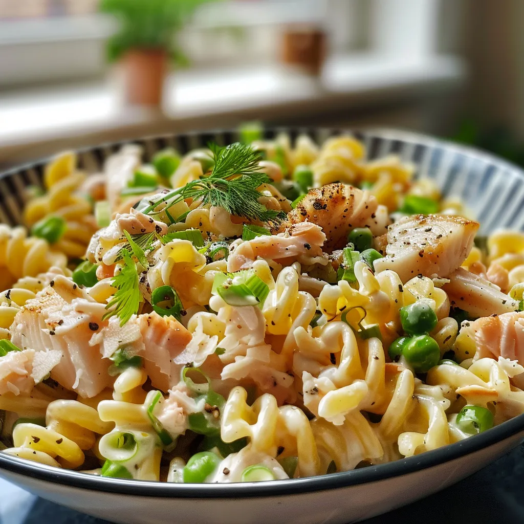 Seiteansicht eines frischen Thunfisch-Nudelsalats mit Eiern und Erbsen.