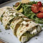 Saftige Tortilla-Rollen mit Feta, Avocado und frischen Zutaten in Nahaufnahme.