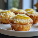 Saftige Zitronenmuffins mit Glasur aus der Seitenansicht.
