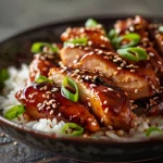 Saftiges Teriyaki-Hühnchen, goldbraun gebacken, auf einem weißen Teller.