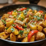 Nahaufnahme einer Kartoffel-Hähnchen-Pfanne mit Brokkoli, appetitlich angerichtet.