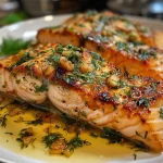 Ein saftiges Stück gebackener Lachs mit Knoblauch-Kräuter-Butter auf einem Teller.