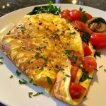Nahaufnahme einer saftigen Gemüseomelette mit buntem Gemüse.