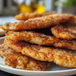 Saftige Hähnchenstreifen aus der Heißluftfritteuse, Nahaufnahme von der Seite.