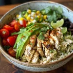 Eine Nahaufnahme eines cremigen Avocado-Hühnchen-Reis-Bowls mit frischen Zutaten.