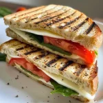 Nahaufnahme eines Panini-Sandwichs mit Tomaten, Mozzarella und Spinat.