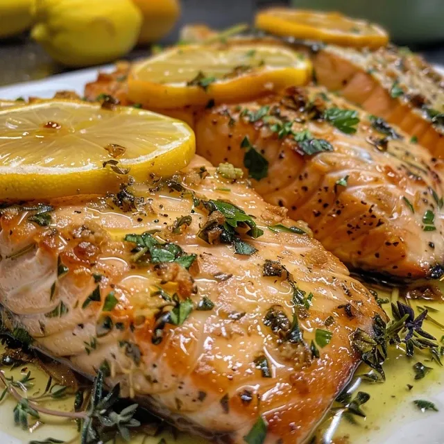 Saftiger Lachsfilet mit Honigglasur, seitliche Ansicht.