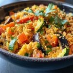 Nahaufnahme von Couscous mit geröstetem Gemüse in einer Schüssel.
