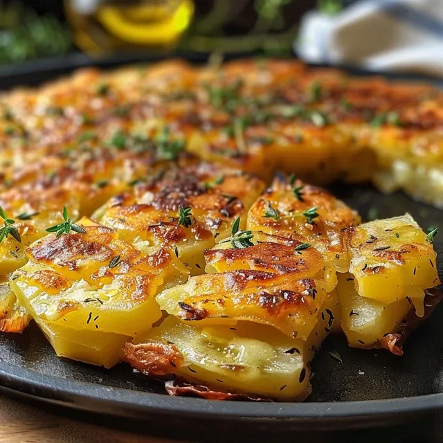 Knusprige Kartoffelrösti mit Kräuterquark auf einem Teller, seitliche Ansicht.