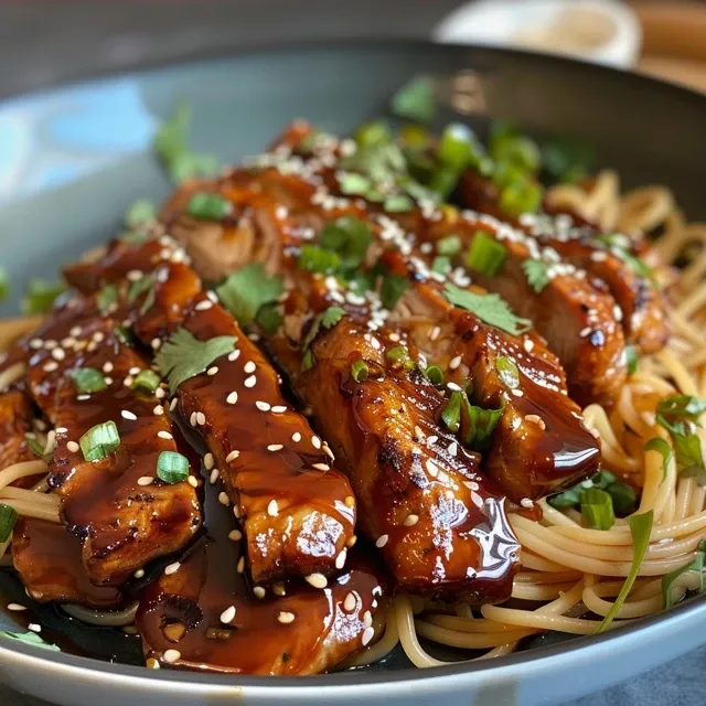 Schnelle H hnchen-Teriyaki-Nudeln Genuss ohne Grenzen Nahaufnahme von saftigen Hähnchen-Teriyaki-Nudeln in einer Schüssel.