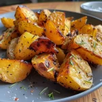 Naheaufnahme von knusprigen Süßkartoffel-Pommes in einer Schüssel.