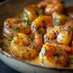 Saftige Garnelen in goldener Honig-Senf-Sauce, serviert in einer weißen Schüssel.