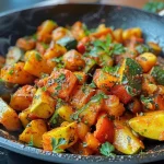 Nahaufnahme einer Kartoffel-Gemüse-Pfanne mit buntem Gemüse.