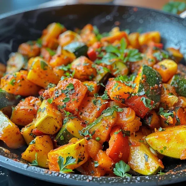 Bunte Vielfalt in der Pfanne: Kartoffeln und Gem se neu entdeckt Nahaufnahme einer Kartoffel-Gemüse-Pfanne mit buntem Gemüse.