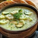 Nahaufnahme einer cremigen Zucchini-Kokos-Suppe in einer Schüssel.