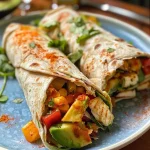 Nahaufnahme eines bunten Gemüse-Wraps mit frischen Zutaten.