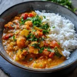 Nahaufnahme eines köstlichen Currys mit Reis und buntem Gemüse in einer Schüssel.