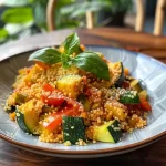 Nahaufnahme von Röstgemüse Couscous in einer Schüssel, bunt und aromatisch.