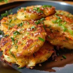 Nahaufnahme von knusprigen Kartoffel Bällchen auf einem Teller.