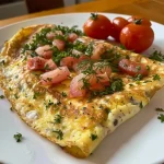 Nahaufnahme eines Kräuteromeletts mit Tomaten auf einem Teller.