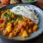 Nahaufnahme eines Tellers mit Curry-Reis und Ananas-Hähnchen.