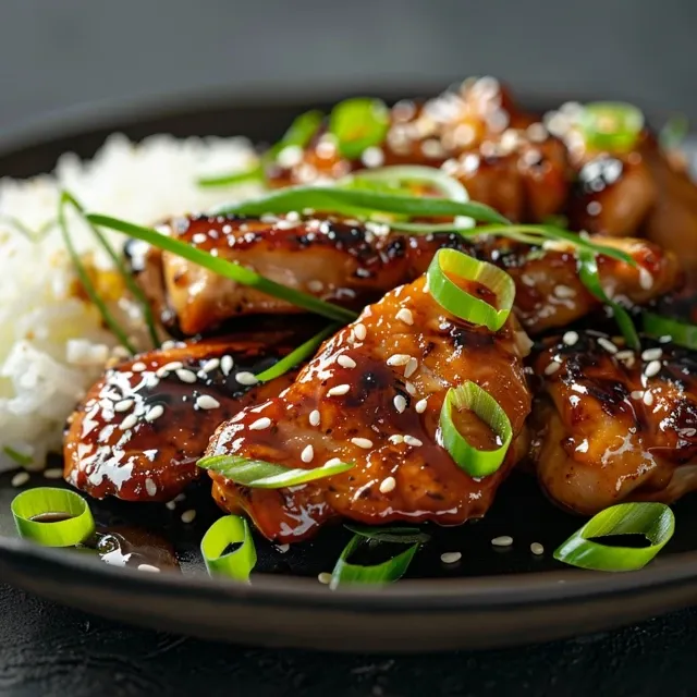 Nahaufnahme von Teriyaki-Hühnchen mit glänzender Sauce, garniert mit Sesam und Frühlingszwiebeln.