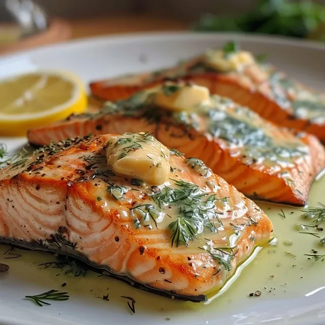Nahaufnahme von gebackenem Lachs, glasiert mit einer köstlichen Knoblauch-Kräuter-Butter.