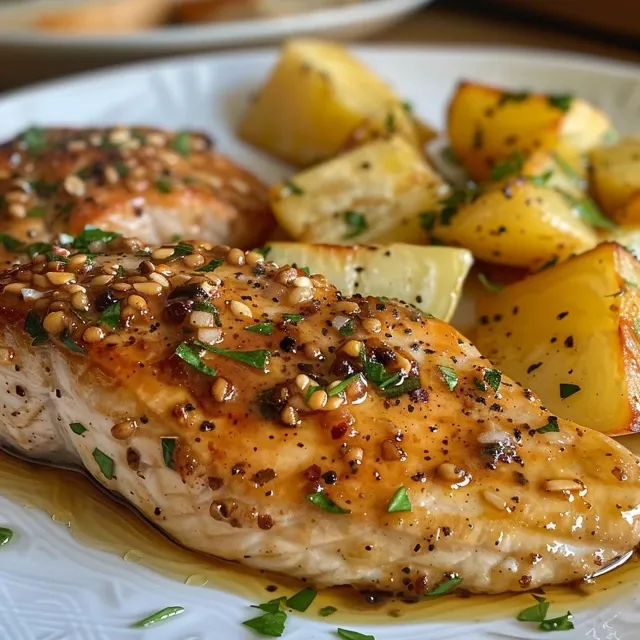 Nahaufnahme von Hähnchenbrustfilets, goldbraun glasiert mit Honig-Senf-Marinade und Kartoffeln.