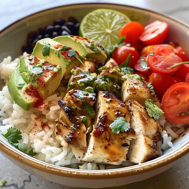 Seiteansicht eines appetitlichen Reis-Bowls mit Hühnchen und Avocado, dekoriert mit Kräutern.