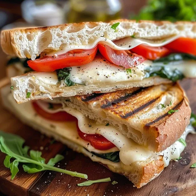 Seitenansicht eines frisch gegrillten Panini mit italienischen Zutaten.