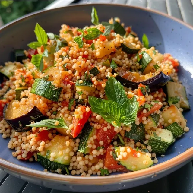 Seitenansicht von saftigem Couscous mit Zucchini, Paprika und Aubergine.