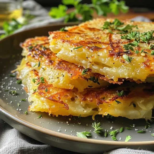 Detailaufnahme von Kartoffelrösti, serviert mit einer cremigen Kräuterquark-Sauce.