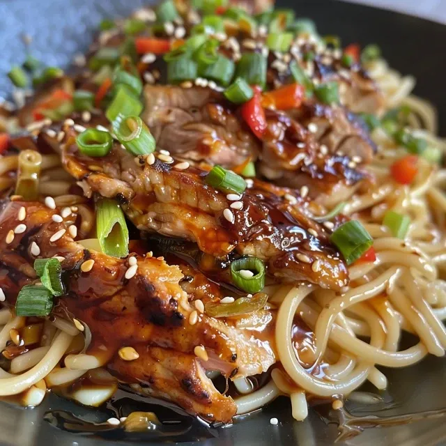 Seitenansicht von Hähnchen-Teriyaki-Nudeln, angereichert mit Gemüse.