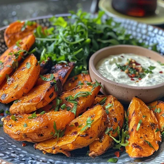 Close-up der gebackenen Süßkartoffel mit einer Honig-Zitronen Sauce und buntem Salat.